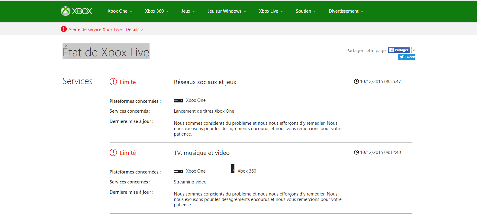 Xbox Live alerte 10/12/2015