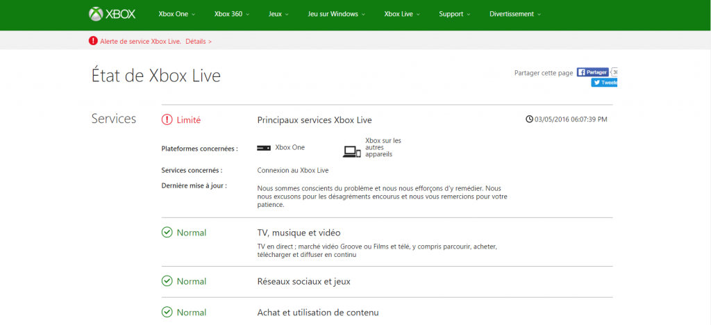 Service Xbox Live limité 05/03/2016