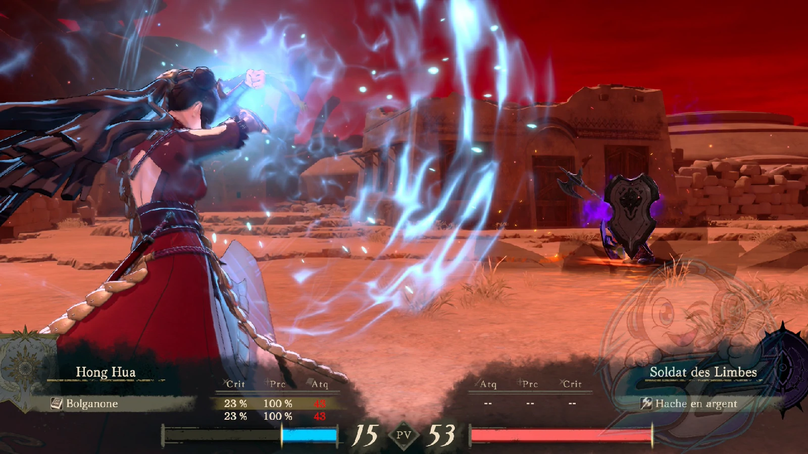 Hong Hua lance le sort Bolganone sur un Soldat des Limbes dans Fire Emblem: Fortune's Weave