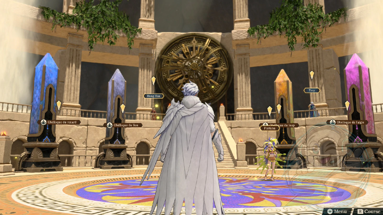 Le héros face aux quatre obélisques du hub dans Fire Emblem: Fortune's Weave