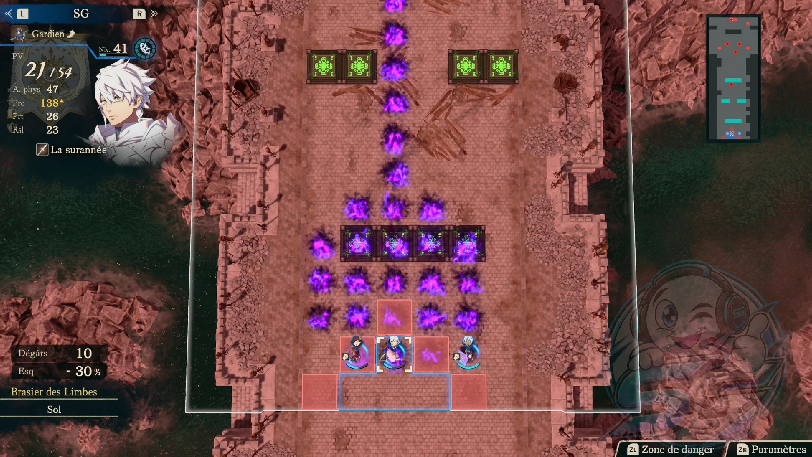Vue tactique d'une carte envahie par les flammes des Limbes dans Fire Emblem: Fortune's Weave