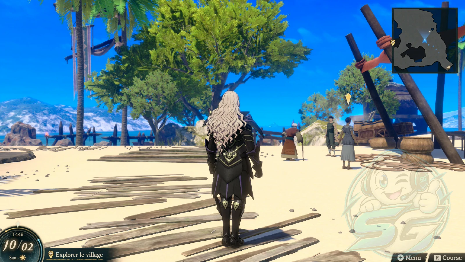 Exploration d'un village de bord de mer dans Fire Emblem: Fortune's Weave