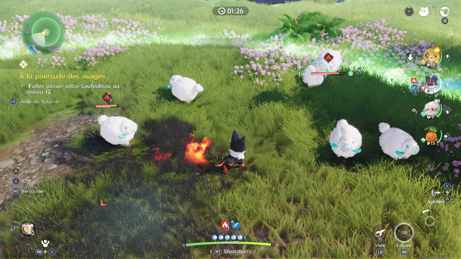Combat contre des Cumulaine dans une prairie fleurie, capture d'Aniimo