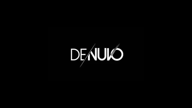 Logo blanc de la protection anti-copie Denuvo sur fond noir