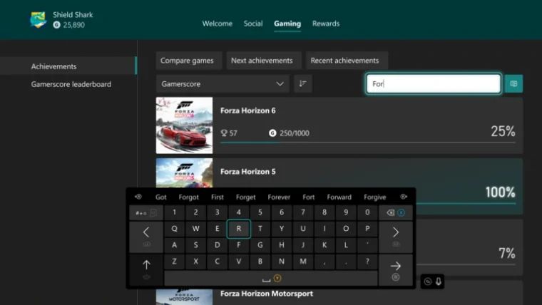Recherche locale dans les succès Xbox avec clavier virtuel