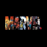 Logo Marvel rempli d'illustrations de super-héros sur fond noir