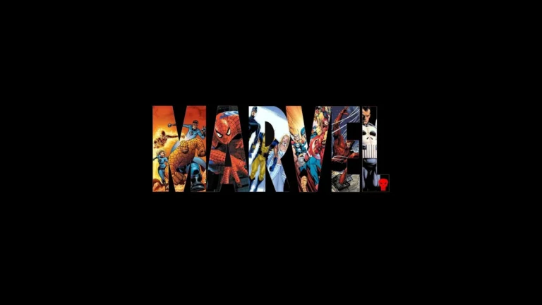 Logo Marvel rempli d'illustrations de super-héros sur fond noir