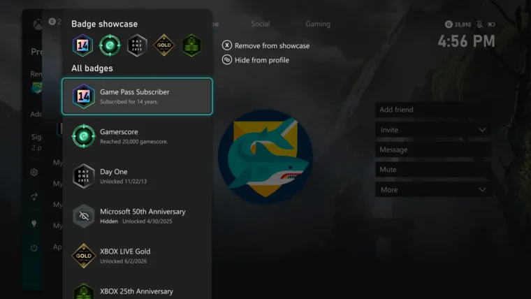 Menu Badge showcase pour personnaliser les badges affichés sur le profil Xbox