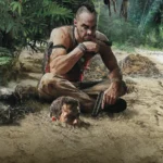 Vaas Montenegro assis sur une plage, pistolet en main, devant un homme enterré dans le sable, visuel de Far Cry 3