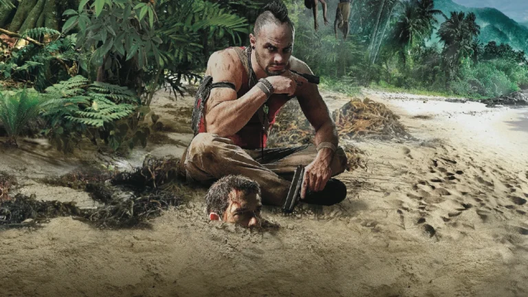 Vaas Montenegro assis sur une plage, pistolet en main, devant un homme enterré dans le sable, visuel de Far Cry 3
