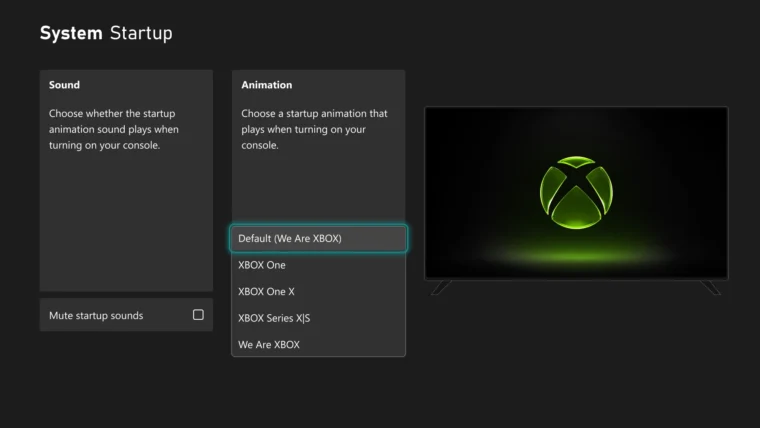 Menu de sélection de l'animation de démarrage sur Xbox