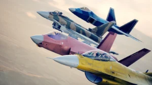 Ace Combat 8: Wings of Theve, avions aux livrées colorées en formation
