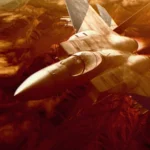 Ace Combat Zero: The Belkan War, un chasseur au-dessus d'un relief rouge