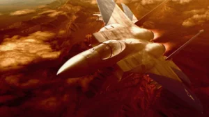 Ace Combat Zero: The Belkan War, un chasseur au-dessus d'un relief rouge