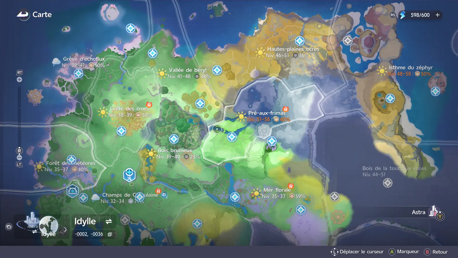 Carte du monde d'Idylle dans Aniimo, avec les régions, leurs niveaux et la bascule vers Astra