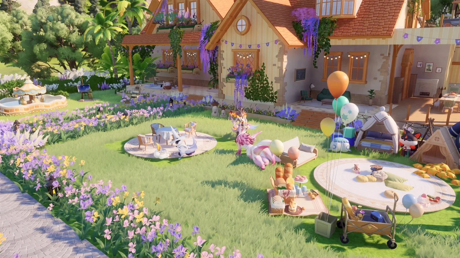 Base de joueur aménagée dans Aniimo, avec maison, parcelles fleuries et mobilier