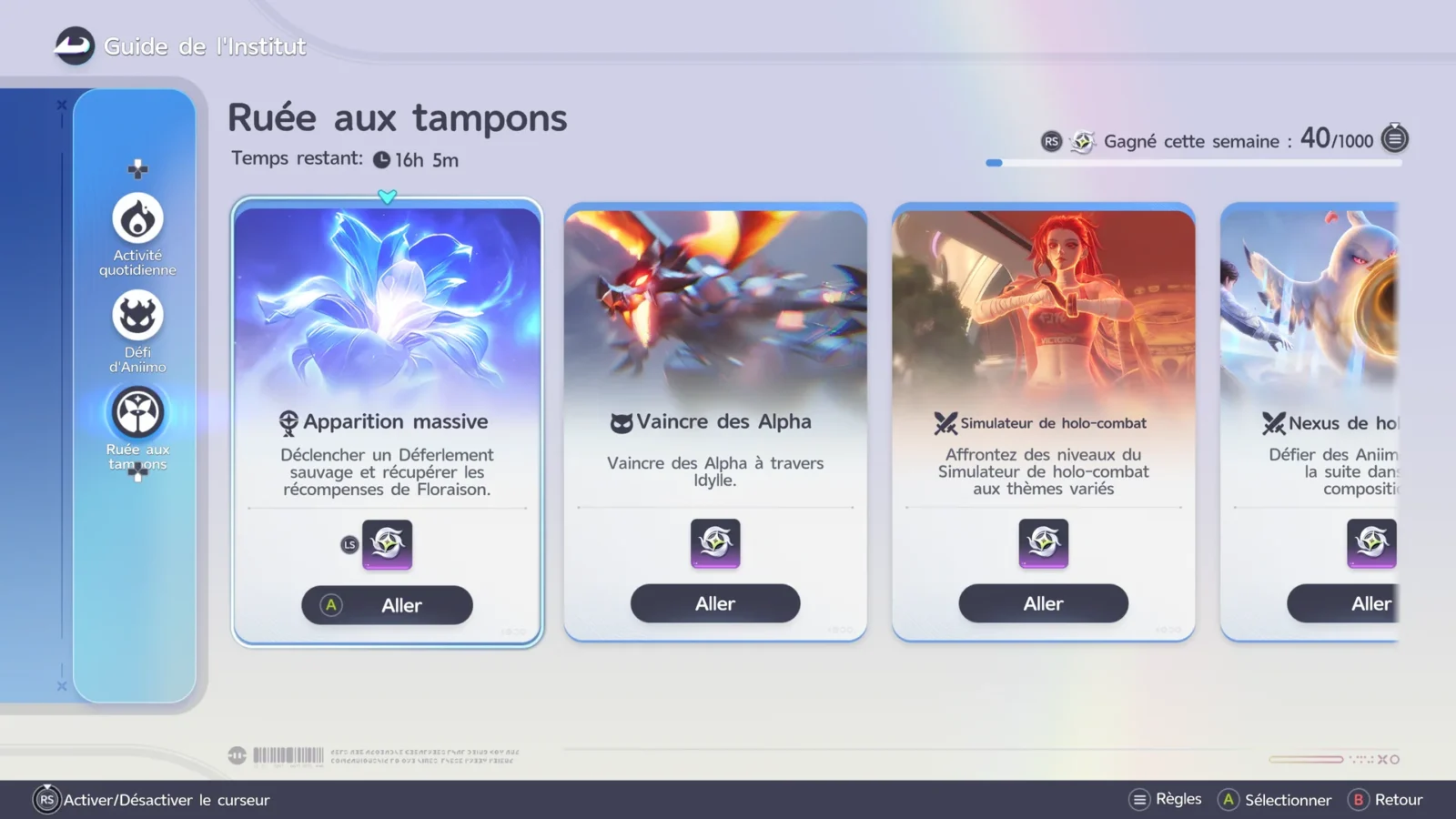 Écran Ruée aux tampons du Guide de l'Institut dans Aniimo