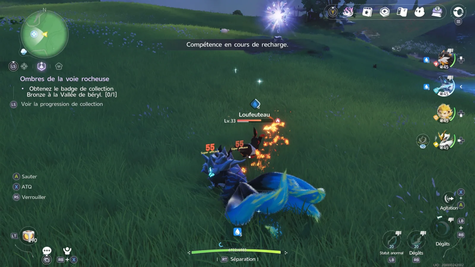 Interface de combat d'Aniimo, avec la composition, les dégâts et les commandes