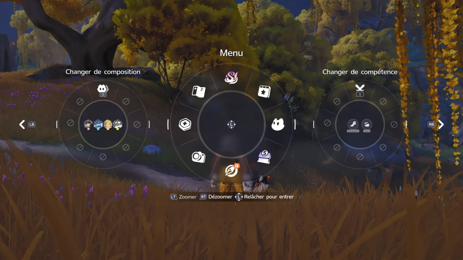 Menu radial d'Aniimo, avec la roue Changer de compétence contenant l'Aéroboard