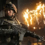 Capture de Call of Duty: Modern Warfare 4, un soldat armé devant un incendie