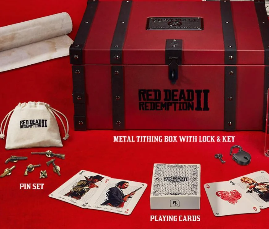 Coffret du collectionneur de Red Dead Redemption 2 : coffre en métal, pin's, cartes à jouer et carte au trésor