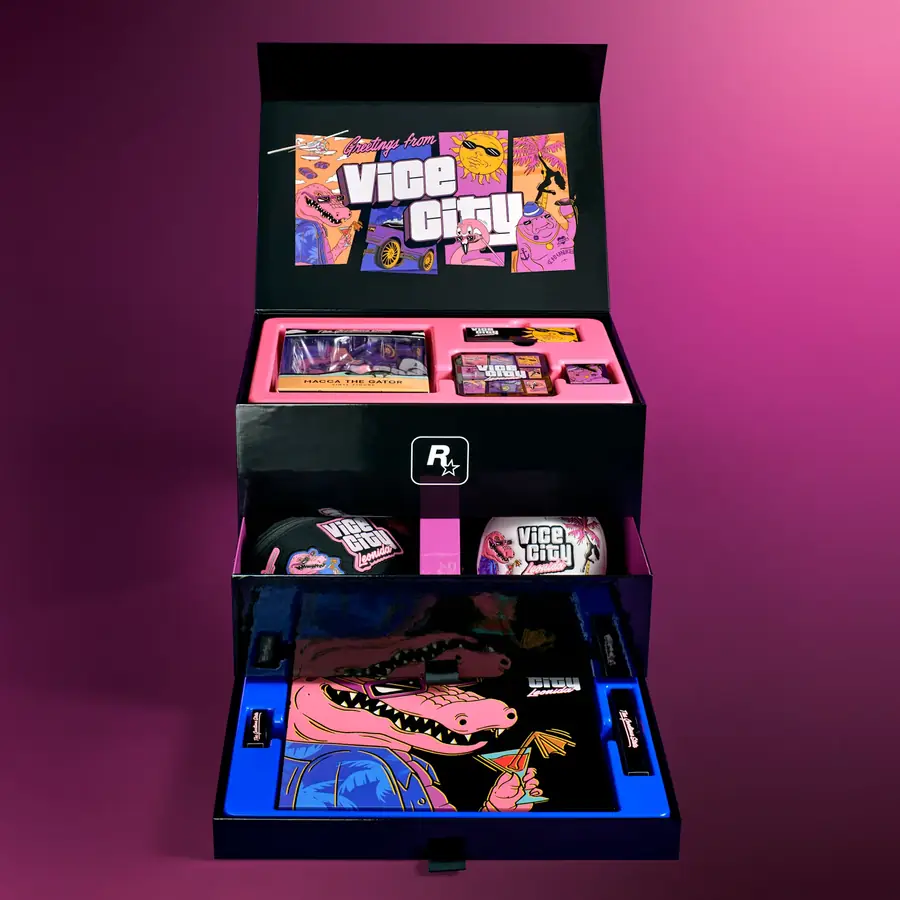 Coffret GTA VI The Goodtime State - Vice City Collection ouvert, avec ses tiroirs