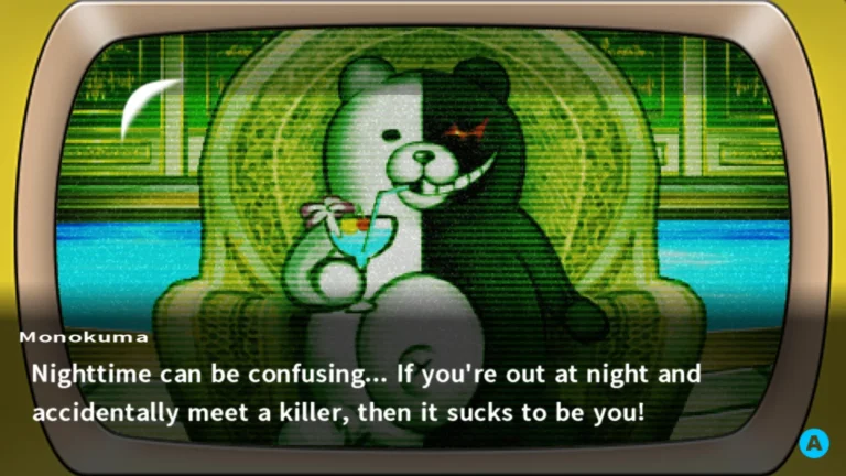 Monokuma apparait sur un ecran dans Danganronpa 2