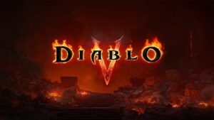 Logo Diablo V en lettres enflammées au-dessus d'un escalier infernal