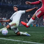 EA Sports FC 27, un attaquant frappe le ballon en plein match