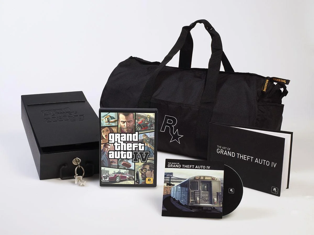 Édition spéciale de GTA IV : coffre-fort en métal, jeu, sac Rockstar, artbook et CD de musique
