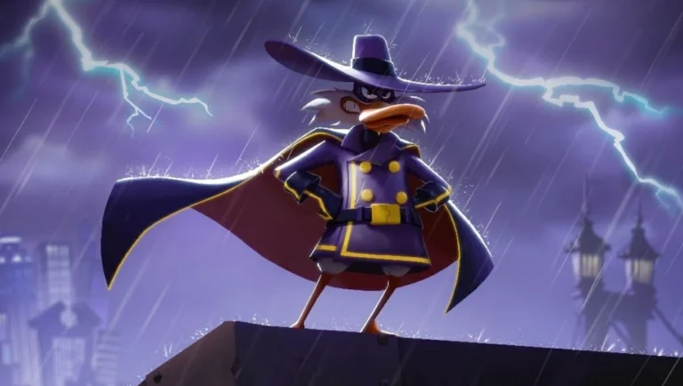 Darkwing Duck en cape et chapeau sur un toit, sous la pluie et les éclairs