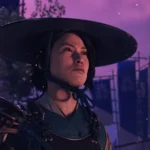 Capture de Ghost of Yōtei, Atsu coiffée de son chapeau de paille sous un ciel violet