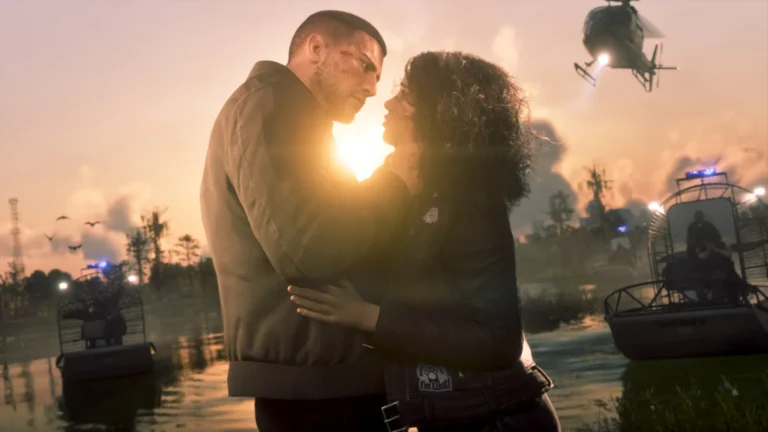 Capture de Grand Theft Auto VI, Jason et Lucia enlacés au coucher du soleil