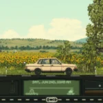 Capture de Keep Driving, une voiture roule devant un champ de tournesols