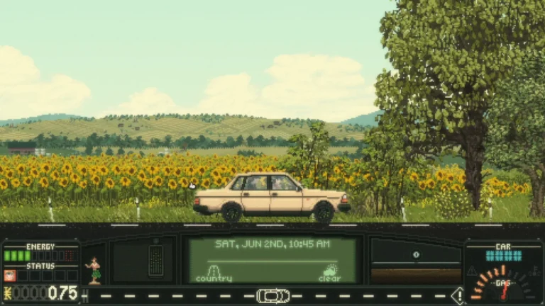 Capture de Keep Driving, une voiture roule devant un champ de tournesols