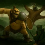 Un ogre armé d'une masse charge un aventurier encapuchonné dans une clairière, illustration de Monsters & Memories
