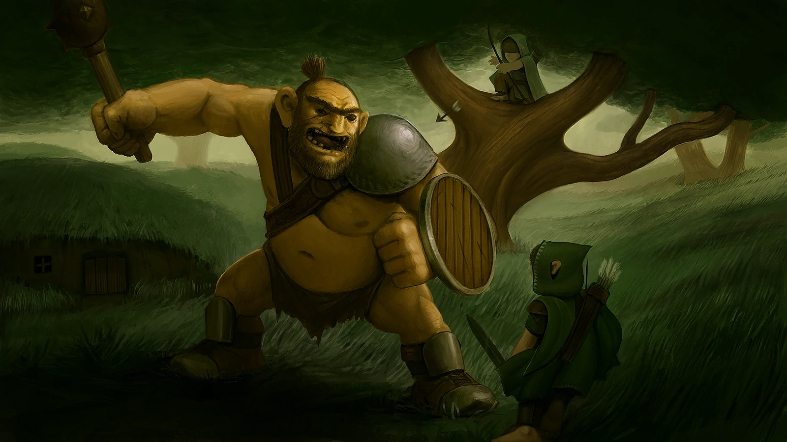 Un ogre armé d'une masse charge un aventurier encapuchonné dans une clairière, illustration de Monsters & Memories