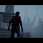 Un personnage devant un monument dans une rue de Silent Hill Townfall