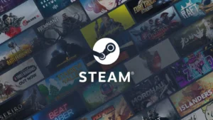Logo Steam sur une mosaïque de jaquettes de jeux du magasin