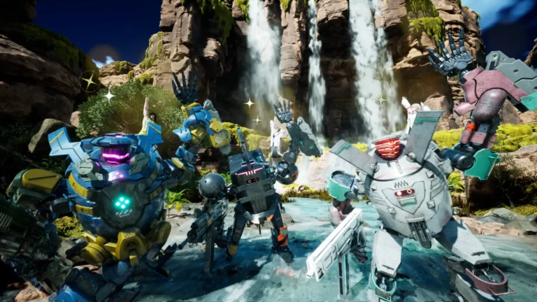 Capture de Synduality Echo of Ada, des mechas devant une cascade