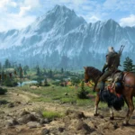 Capture de The Witcher 3: Wild Hunt, Geralt à cheval devant les montagnes