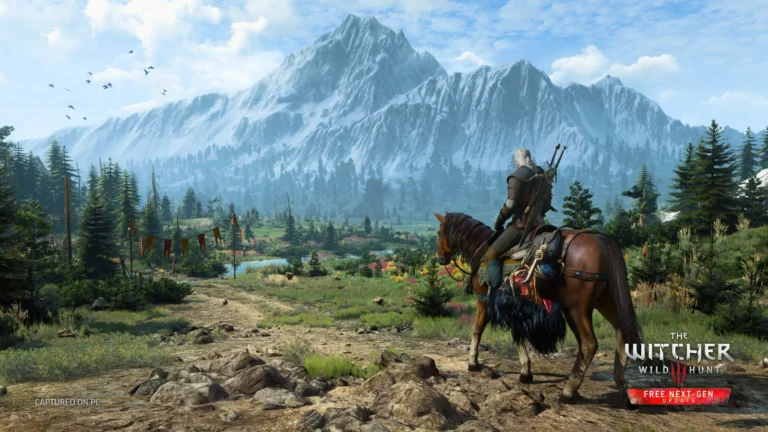 Capture de The Witcher 3: Wild Hunt, Geralt à cheval devant les montagnes