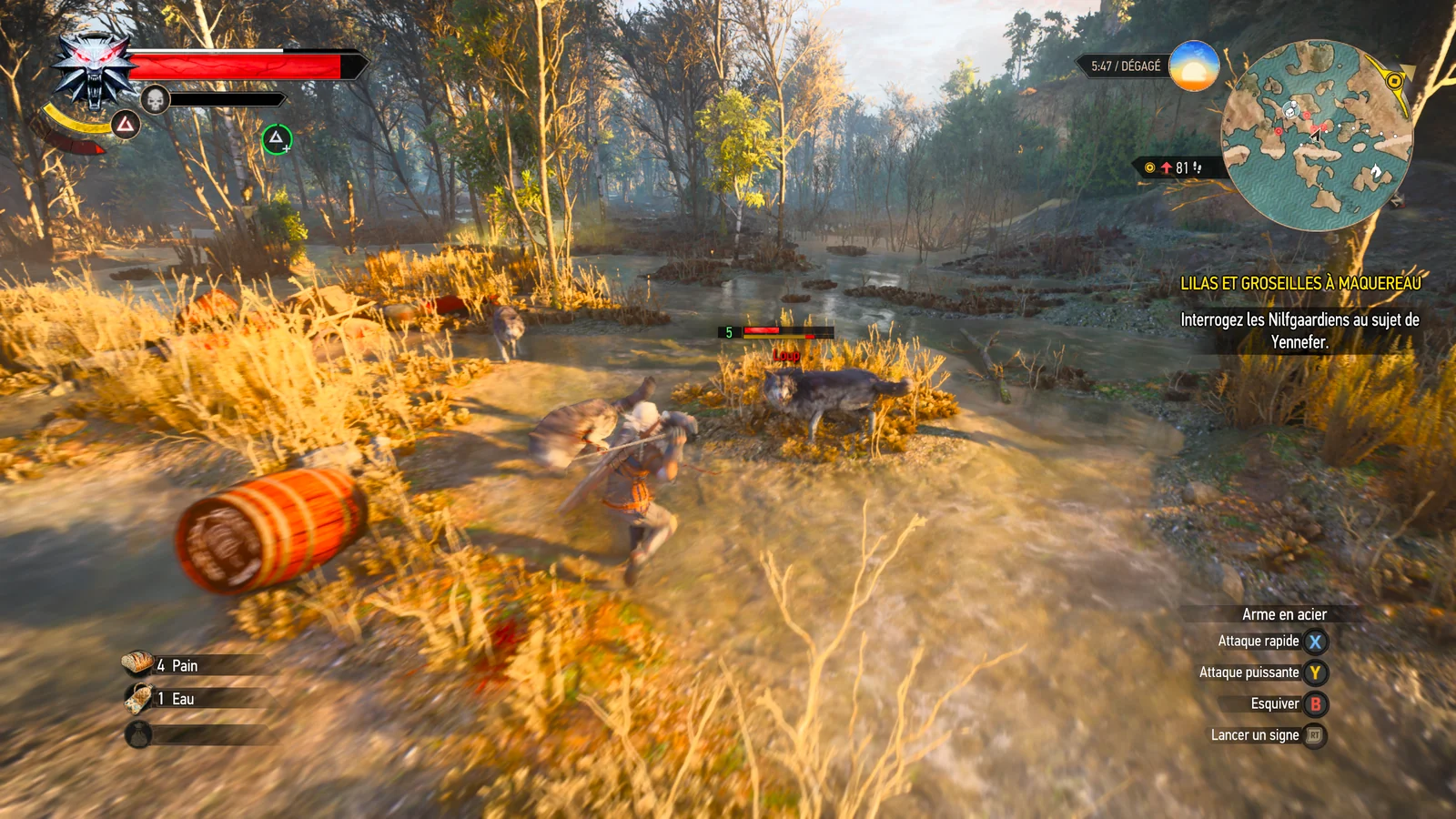 The Witcher 3 Remastered : Geralt affronte des loups dans un marais au lever du jour