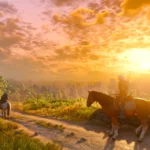 The Witcher 3 Remastered : deux cavaliers sur un chemin de campagne sous un ciel orangé
