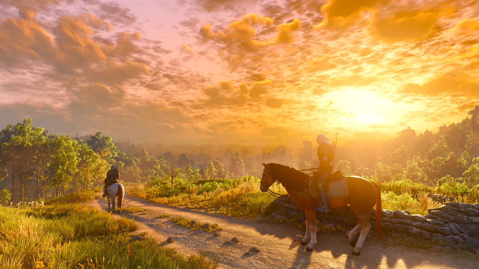 The Witcher 3 Remastered : deux cavaliers sur un chemin de campagne sous un ciel orangé