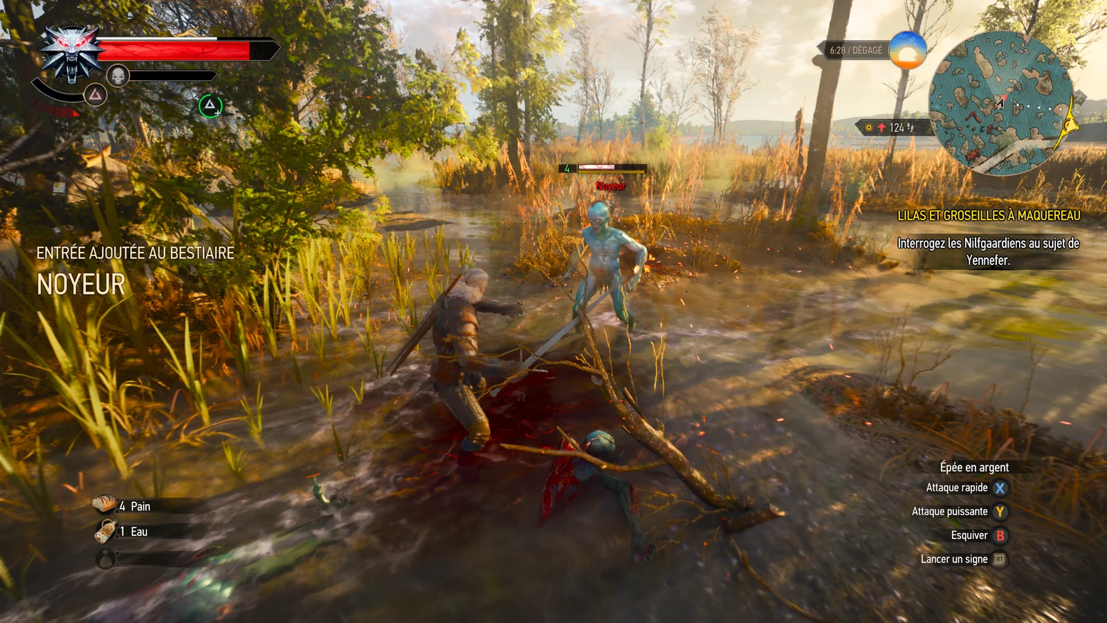 The Witcher 3 Remastered : Geralt combat des noyeurs à l'épée en argent dans un marais