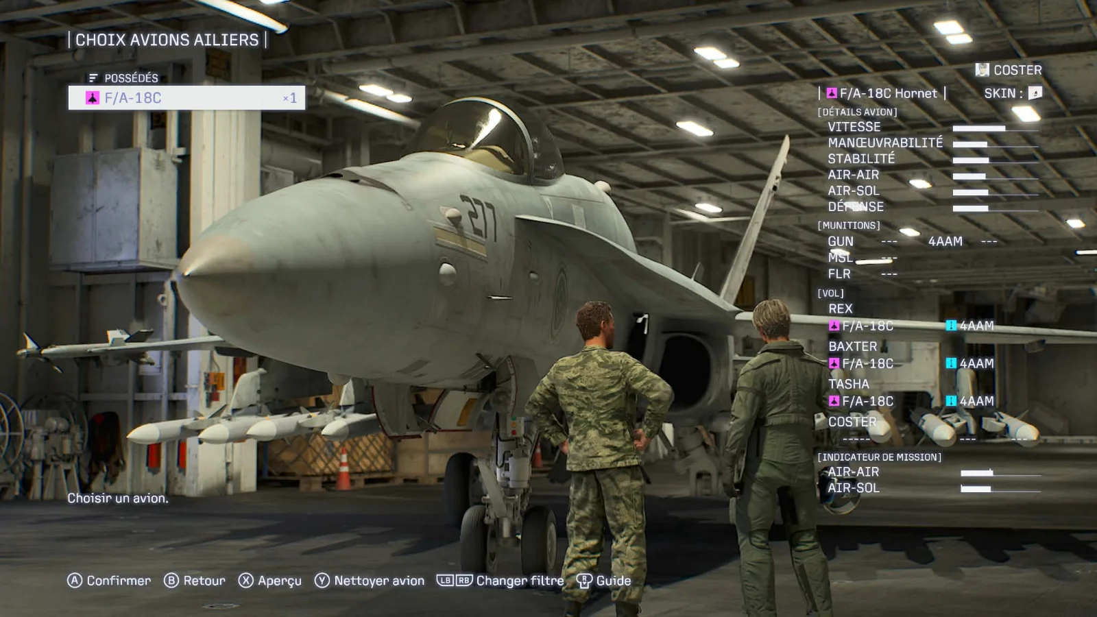 Ace Combat 8: Wings of Theve, écran de choix des avions des ailiers dans le hangar