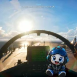 Ace Combat 8: Wings of Theve, vue cockpit sur le pont d'un porte-avions avec la mascotte SpiritGamer