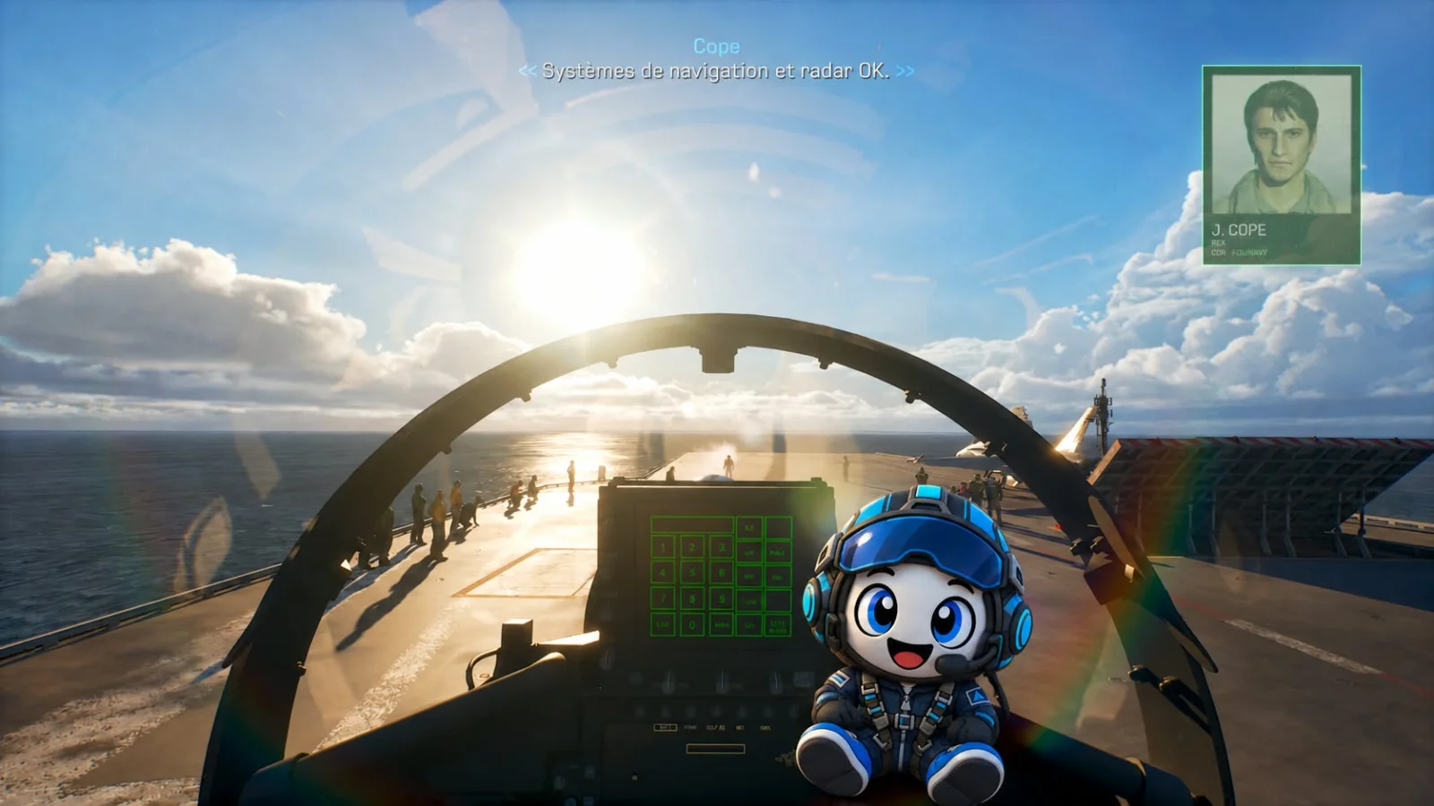 Ace Combat 8: Wings of Theve, vue cockpit sur le pont d'un porte-avions avec la mascotte SpiritGamer