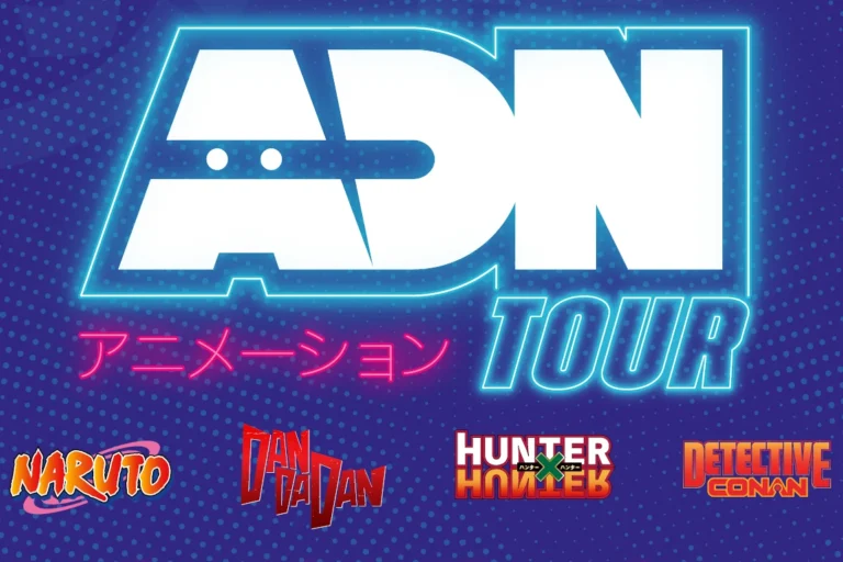 Visuel officiel de l'ADN Tour avec les logos de Naruto, Dan Da Dan, Hunter x Hunter et Détective Conan